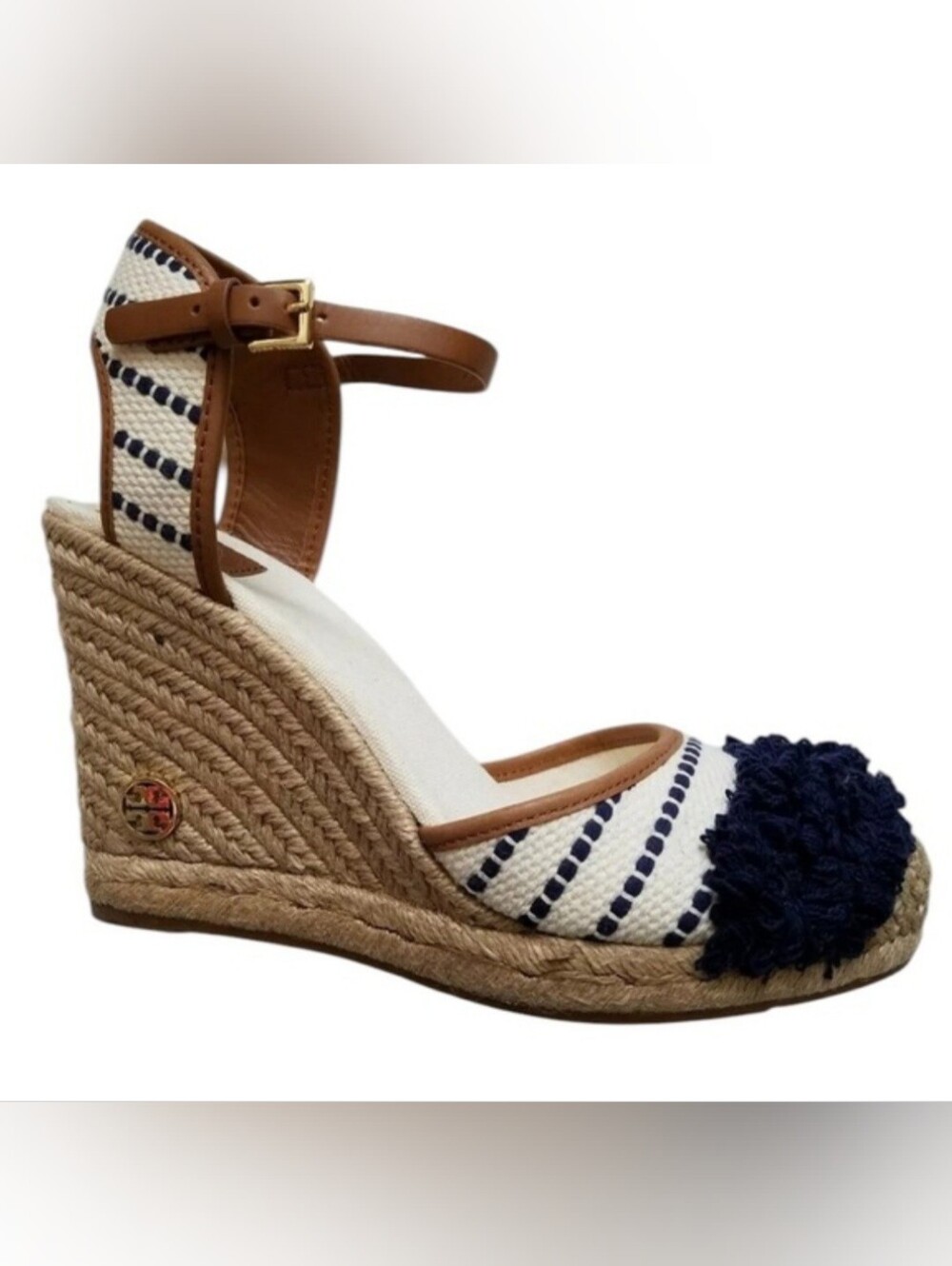 Tory Burch Shaw Espadrille Wedge Sandals In Navy Sea & Royal Tan Sz 8 - Picture 2 of 13